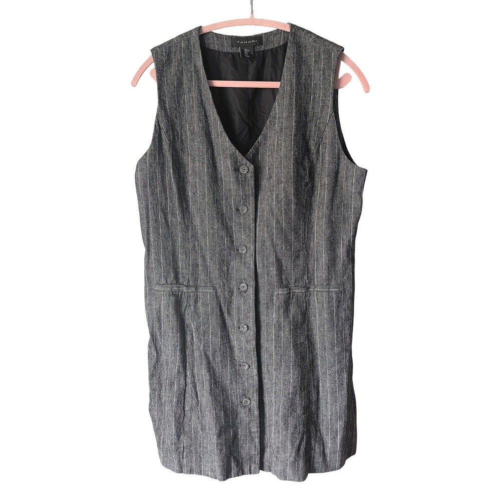 Tahari Vest Dress Women Large Gray Pinstripe Longline Button Front Linen Blend